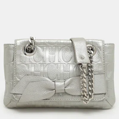 Pre-owned Ch Carolina Herrera Silver Monogram Embossed Leather Audrey Shoulder Bag