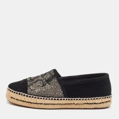 Pre-owned Ch Carolina Herrera Size 36 Black Glitter And Suede Espadrille Flats