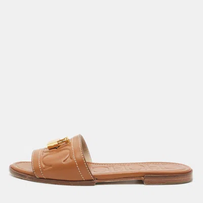 Pre-owned Ch Carolina Herrera Size 36 Brown Leather Flat Slide