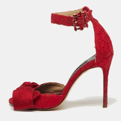 Pre-owned Ch Carolina Herrera Size 36 Red Lace And Satin Bow Ankle Strap Sandals