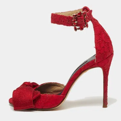 Ch Carolina Herrera Size 36 Red Lace And Satin Bow Ankle Strap Sandals