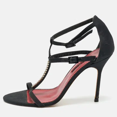Ch Carolina Herrera Size 37 Black Canvas Ankle Strap Sandals In Multi