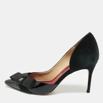 Pre-owned Ch Carolina Herrera Size 37 Black Suede And Patent Leather Pointed Toe D'orsay Pumps