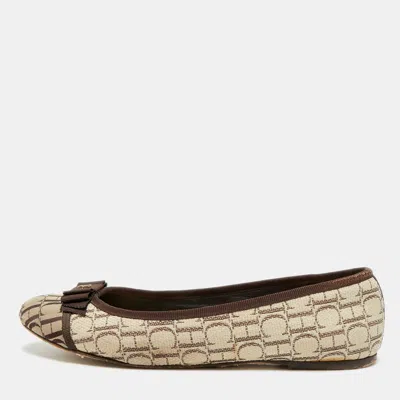 Pre-owned Ch Carolina Herrera Size 37 Cream/brown Monogram Canvas Ballet Flats In White