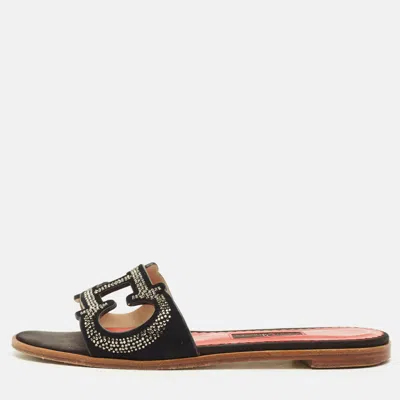 Pre-owned Ch Carolina Herrera Size 38 Black Suede Crystal Embellished Flat Slides