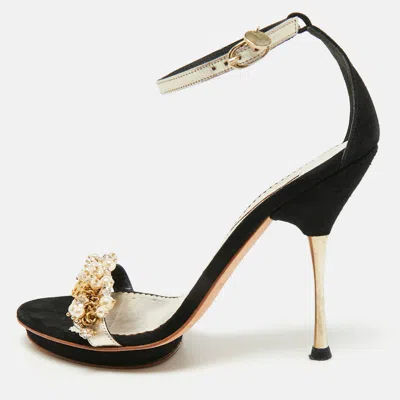 Pre-owned Ch Carolina Herrera Size 38 Black/gold Leather And Suede Crystals Embellished Ankle Strap Sandals