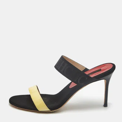 Pre-owned Ch Carolina Herrera Size 38 Black/yellow Leather And Canvas Ankle Strap Sandals