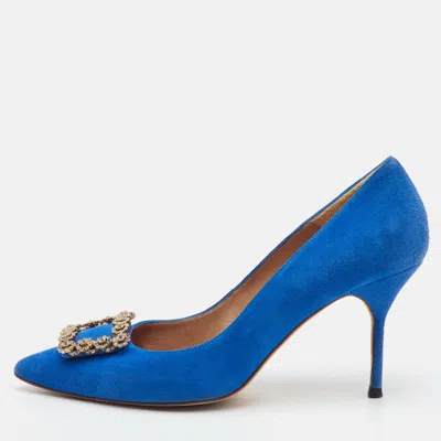 Pre-owned Ch Carolina Herrera Size 38 Blue Suede Pointed Toe Pumps