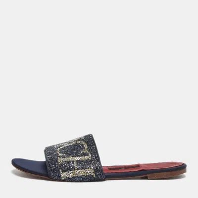 Pre-owned Ch Carolina Herrera Size 38 Navy Blue Leather And Sequins Flat Sandals