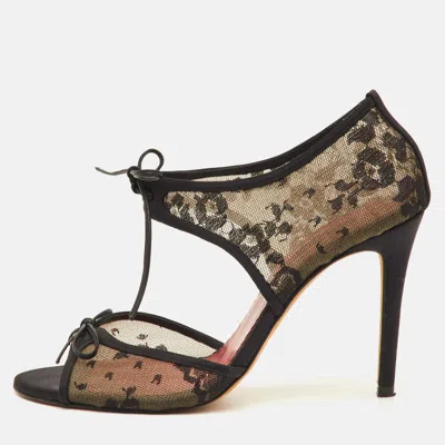 Ch Carolina Herrera Size 39 Black Lace And Satin Ankle Bow Sandals