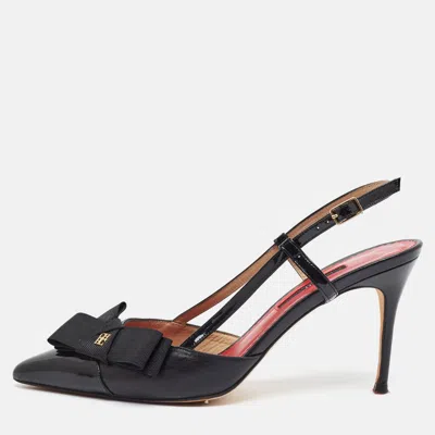 Pre-owned Ch Carolina Herrera Size 39 Black Leather And Patent Bow Detail Slingback Pumps