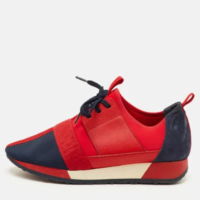Ch Carolina Herrera Size 39 Red/navy Blue Fabric Leather And Suede Low Top Sneakers
