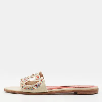 Pre-owned Ch Carolina Herrera Size 40 Beige Knit Fabric Crystal Embellished Flat Slide In Sand