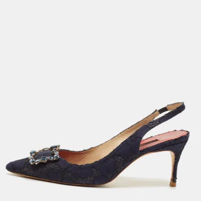 Pre-owned Ch Carolina Herrera Size 40 Navy Blue Lace And Mesh Crystal Embellished Buckle Slingback Pumps