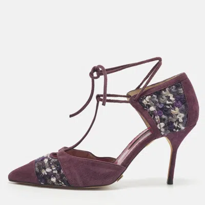 Pre-owned Ch Carolina Herrera Size 40 Purple Suede And Tweed T-strap Ankle Tie Sandals