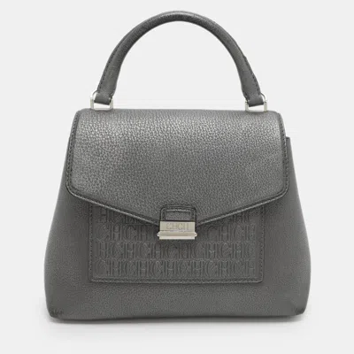 Pre-owned Ch Carolina Herrera Small Silver Monogram Embossed Leather Top Handle Bag