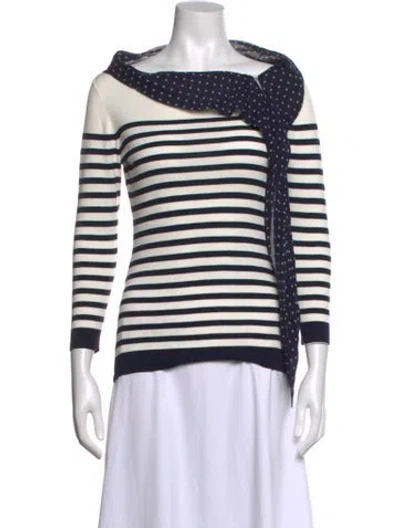 Pre-owned Ch Carolina Herrera Striped Off-the-shoulder Top In Blue