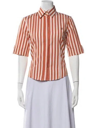 Pre-owned Ch Carolina Herrera Striped Short Sleeve Button-up Top In Orange
