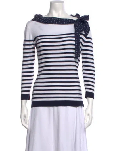 Pre-owned Ch Carolina Herrera Striped Tie Neck Top In Blue