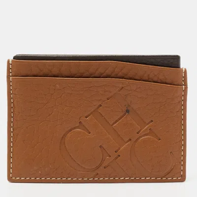 Ch Carolina Herrera Tan Monogram Embossed Leather Card Holder In Brown