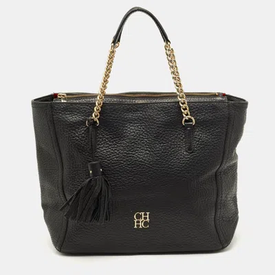Ch Carolina Herrera Tassel Top Zip Black Pebbled Leather Tote