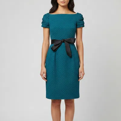 Pre-owned Ch Carolina Herrera Teal Textured Jacquard Bateau Neck Dress S In Green