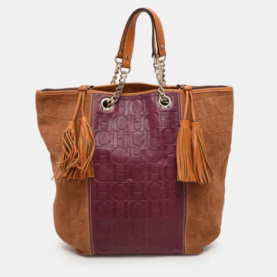 Pre-owned Ch Carolina Herrera Tri Color Leather And Suede Tassel Tote In Multicolor