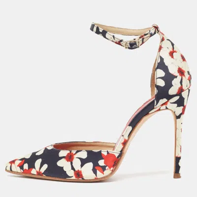 Ch Carolina Herrera Tricolor Floral Print Satin Ankle Strap Pumps In Multi