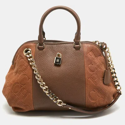 Ch Carolina Herrera Two Tone Monogram Leather Dome Satchel In Brown