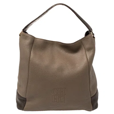 Ch Carolina Herrera Two Tone Pebbled Leather Hobo In Brown