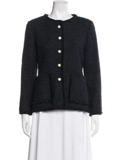 Pre-owned Ch Carolina Herrera Virgin Wool Tweed Pattern Jacket In Blue