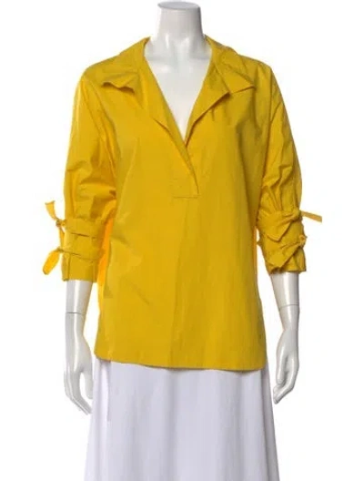 Pre-owned Ch Carolina Herrera V-neck Three-quarter Sleeve Blouse In Yellow