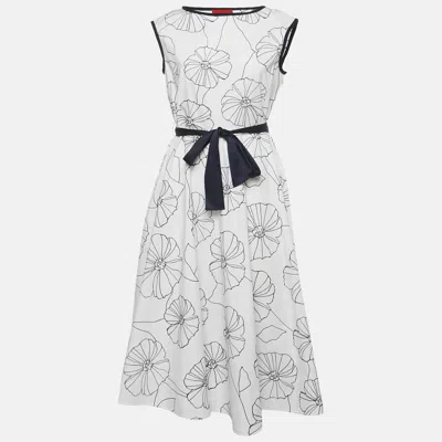 Pre-owned Ch Carolina Herrera White Floral Embroidered Cotton Belted Midi Dress M