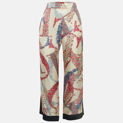 Pre-owned Ch Carolina Herrera White Floral Print Silk Wide-leg Trousers Xs