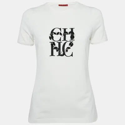 Pre-owned Ch Carolina Herrera White Logo Embellished Cotton Knit T-shirt S