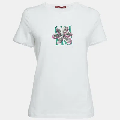 Pre-owned Ch Carolina Herrera White Logo Flora Embroidered Jersey T-shirt S