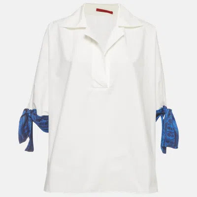 Pre-owned Ch Carolina Herrera White Logo Print Poplin Tie Blouse M