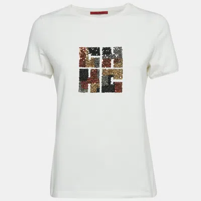 Pre-owned Ch Carolina Herrera White Sequin Embroidered Jersey T-shirt S