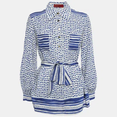 Pre-owned Ch Carolina Herrera White/blue Printed Silk Tie-up Button Front Blouse L