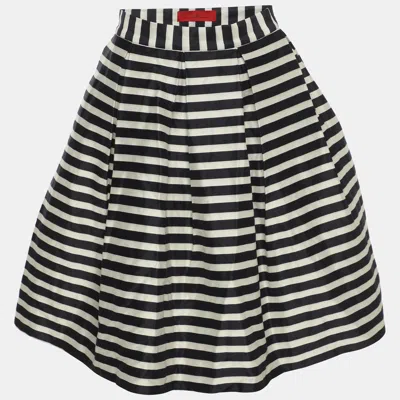 Ch Carolina Herrera White/navy Blue Stripe Silk Blend Pleated Midi Skirt In Black
