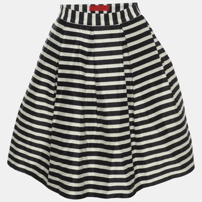 Pre-owned Ch Carolina Herrera White/navy Blue Stripe Silk Blend Pleated Midi Skirt S