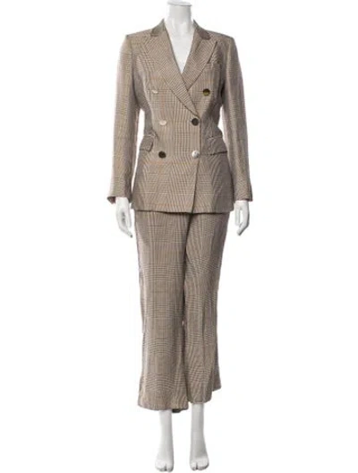 Pre-owned Ch Carolina Herrera Wool Plaid Print Pantsuit In Brown