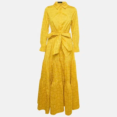 Pre-owned Ch Carolina Herrera Yellow Broderie Anglaise Crepe Maxi Dress M