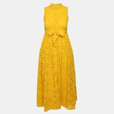 Pre-owned Ch Carolina Herrera Yellow Floral Lace Midi Dress L