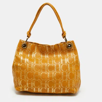 Pre-owned Ch Carolina Herrera Yellow Monogram Embossed Leather Ring Handle Tote