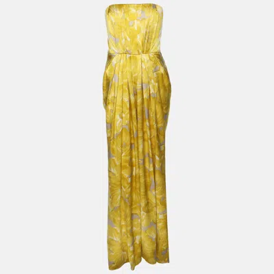 Pre-owned Ch Carolina Herrera Yellow Printed Silk Strapelss Long Dress S