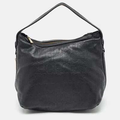 Pre-owned Ch Carolina Herrera Zip Expandable Black Monogram Leather Hobo