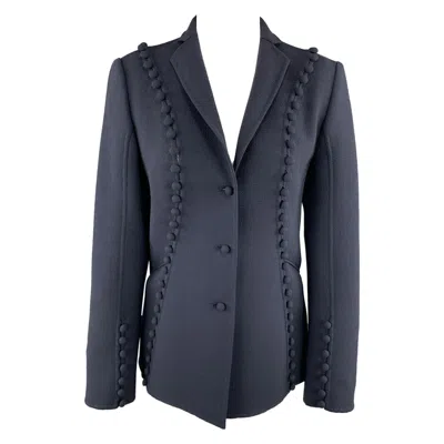 Pre-owned Chado Ralph Rucci Size 2 Navy Crepe Wool Button Trim Notch Lapel Jacket In Blue