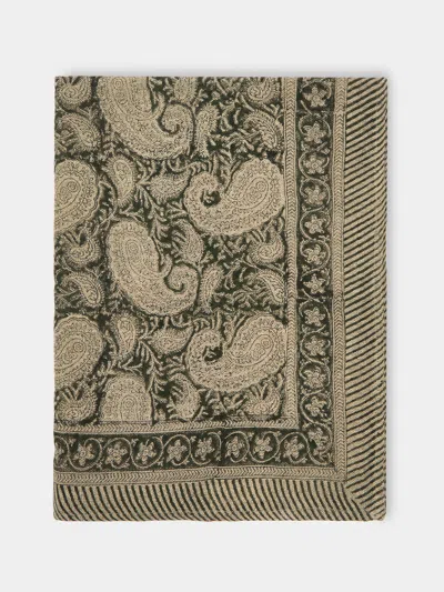 Chamois Big Paisley Block-printed Linen Rectangular Tablecloth (106.5in/2.7m)