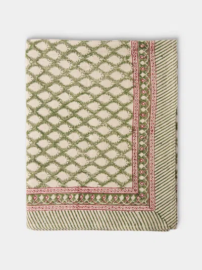 Chamois Cypress Block-printed Linen Rectangular Tablecloth (138in/3.5m) In Green